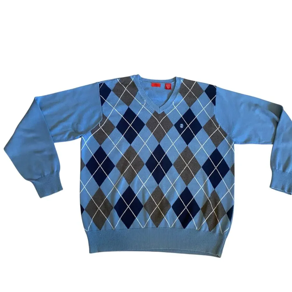 Vintage 90s Y2K Izod Diamond V-Neck Blue Sweater Size XL 100% Cotton Preppy